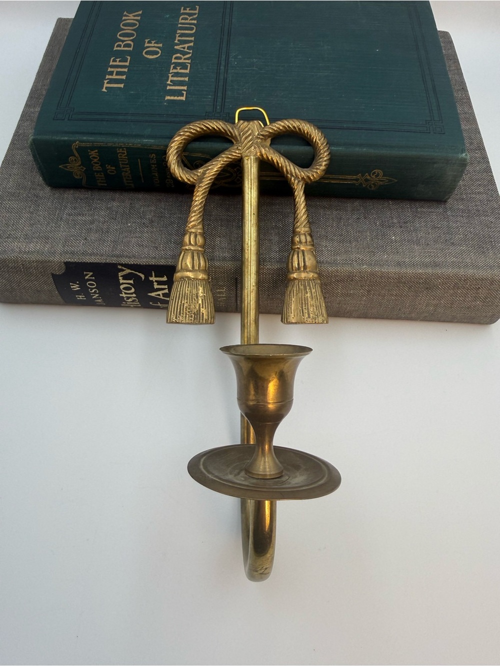 Vintage Brass Bow Wall Sconce Candle Holder - aged - heavy patina